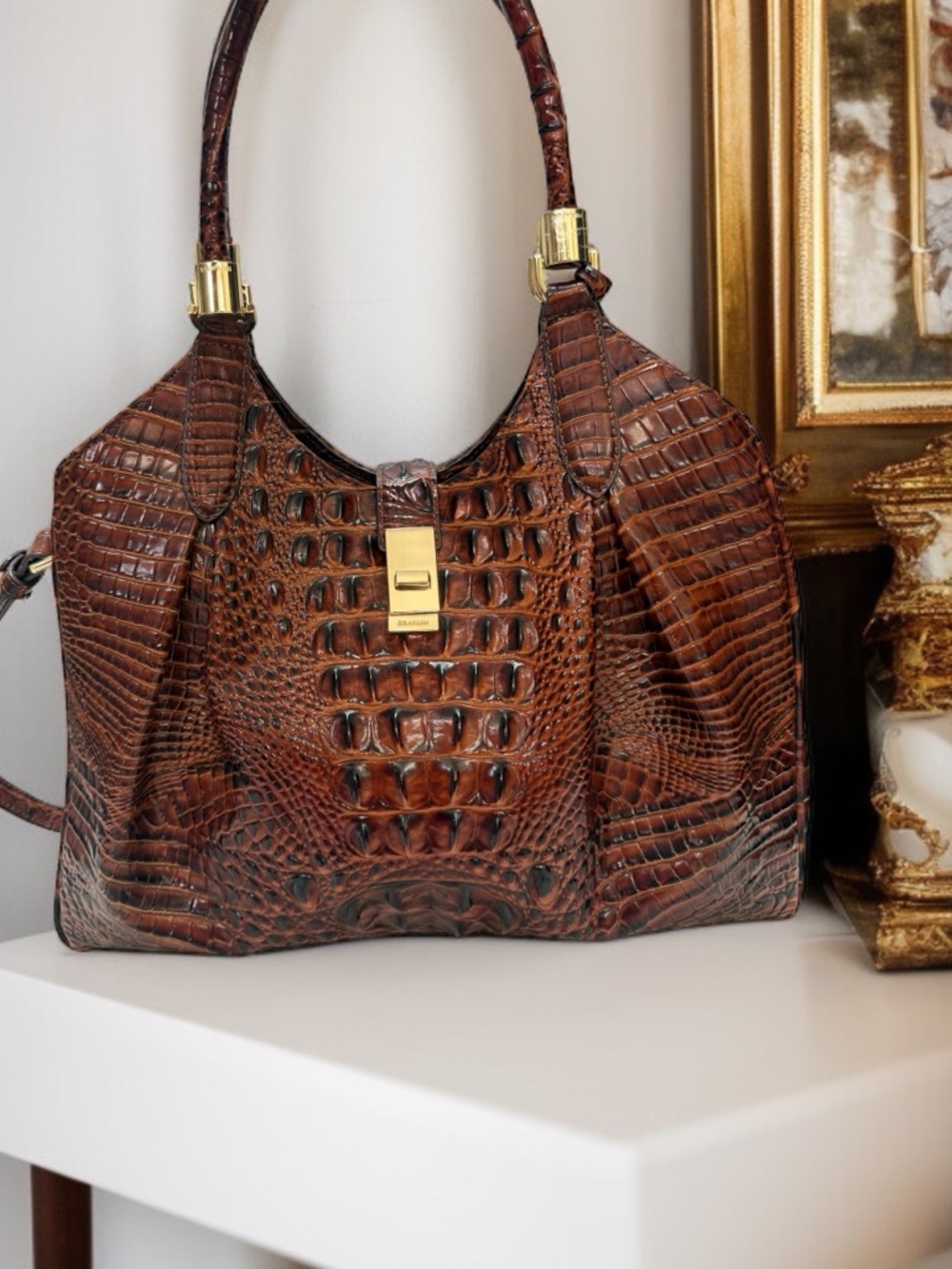 BRAHMIN DUXBURY  Satchel Handbag - Leather purse crocodile embossed pecan